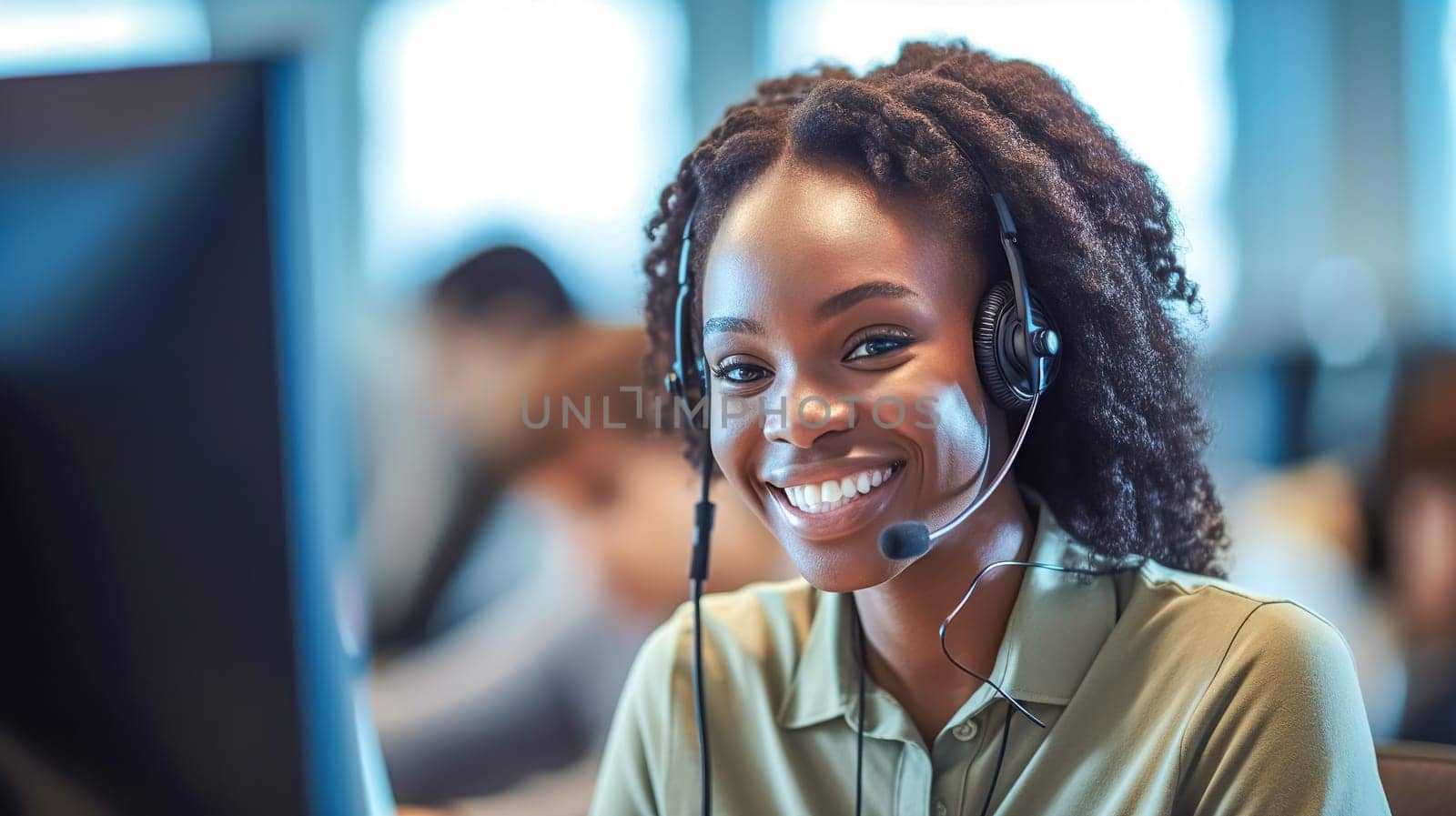 african young woman with headset in call center, made with Generative AI by Edophoto