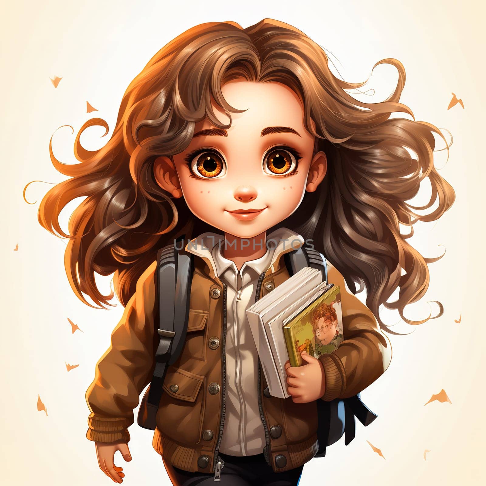 A first-grader in a school uniform with a textbook in her hands. Generative AI. High quality illustration