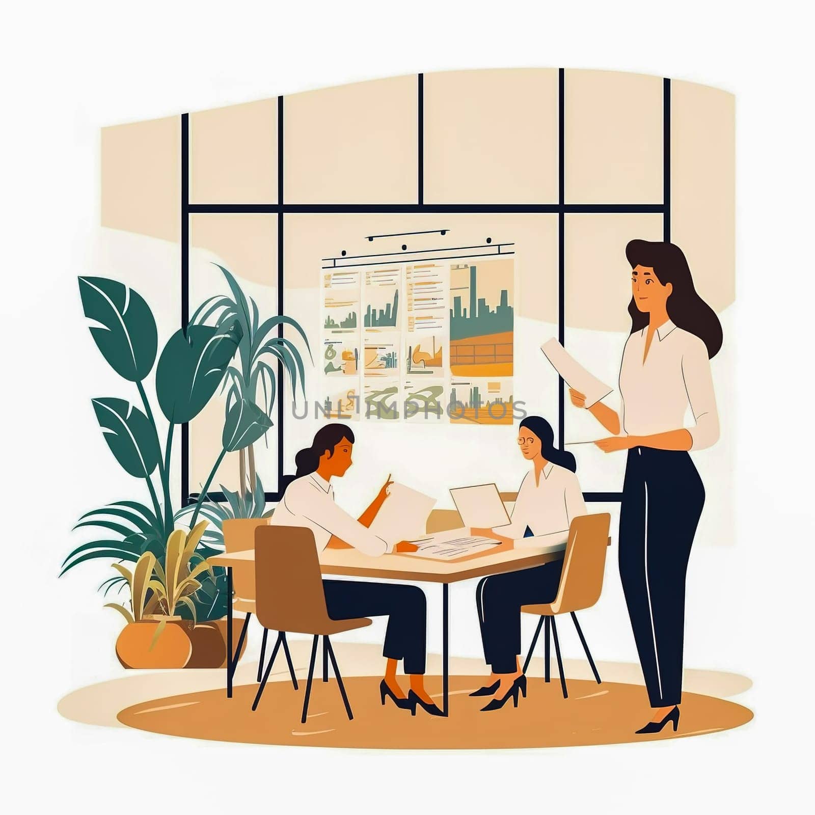 Business woman holding a meeting with colleagues. Generative AI. High quality illustration