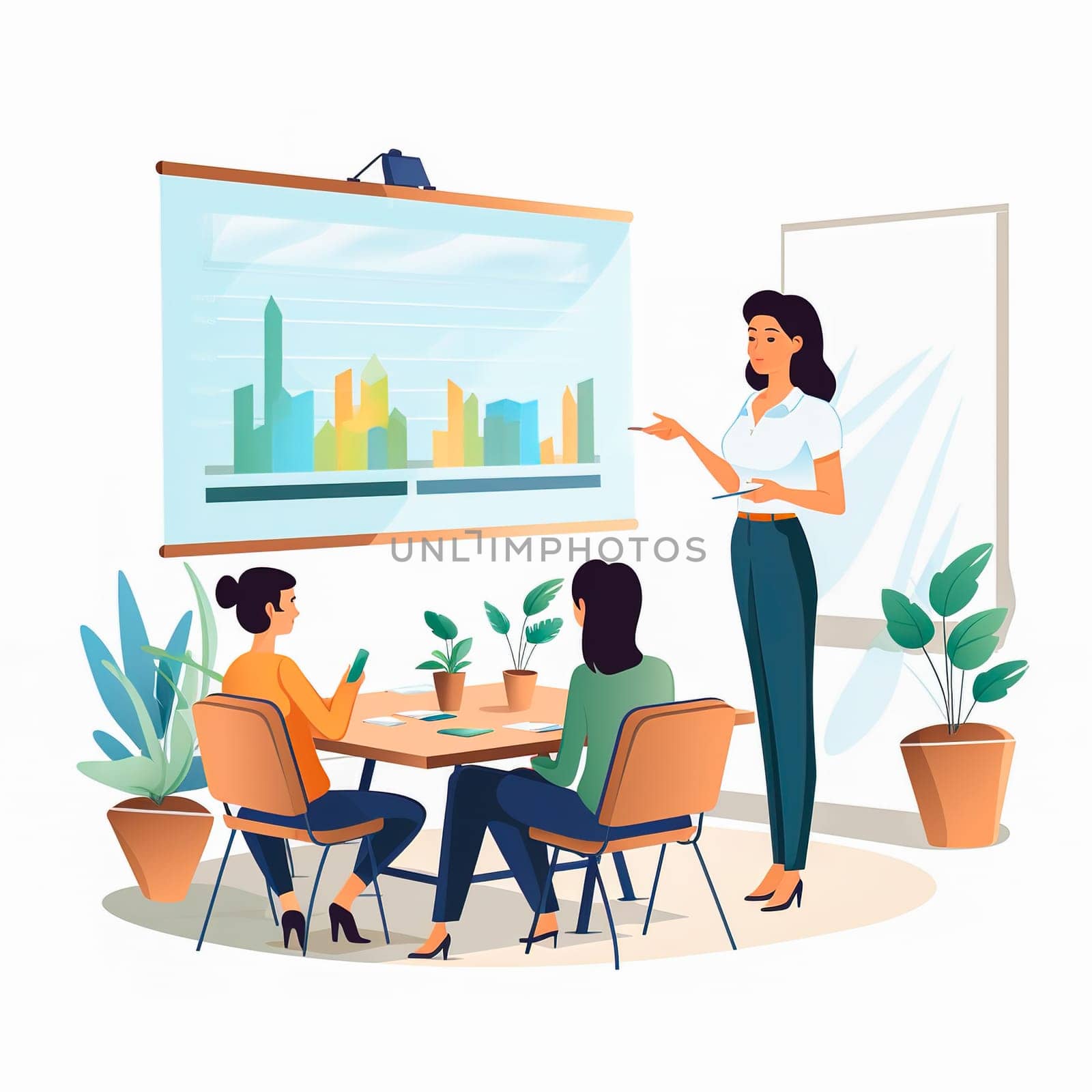 Business woman holding a meeting with colleagues. Generative AI. High quality illustration