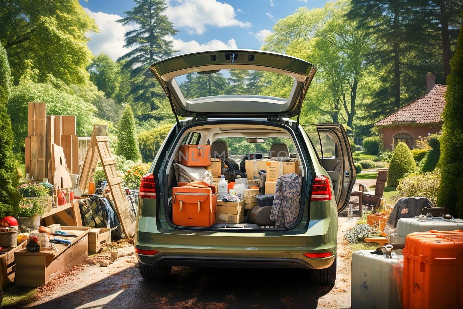 Car with things for travel. Generative AI. High quality illustration