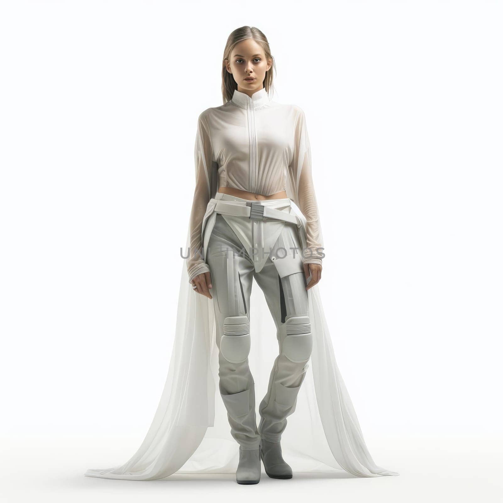 Young woman in clothes of the future on a white background. Fashion