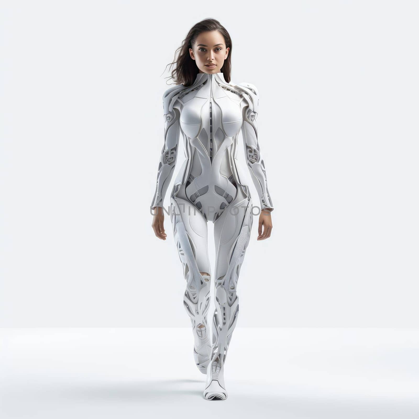 Young woman in clothes of the future on a white background. Fashion