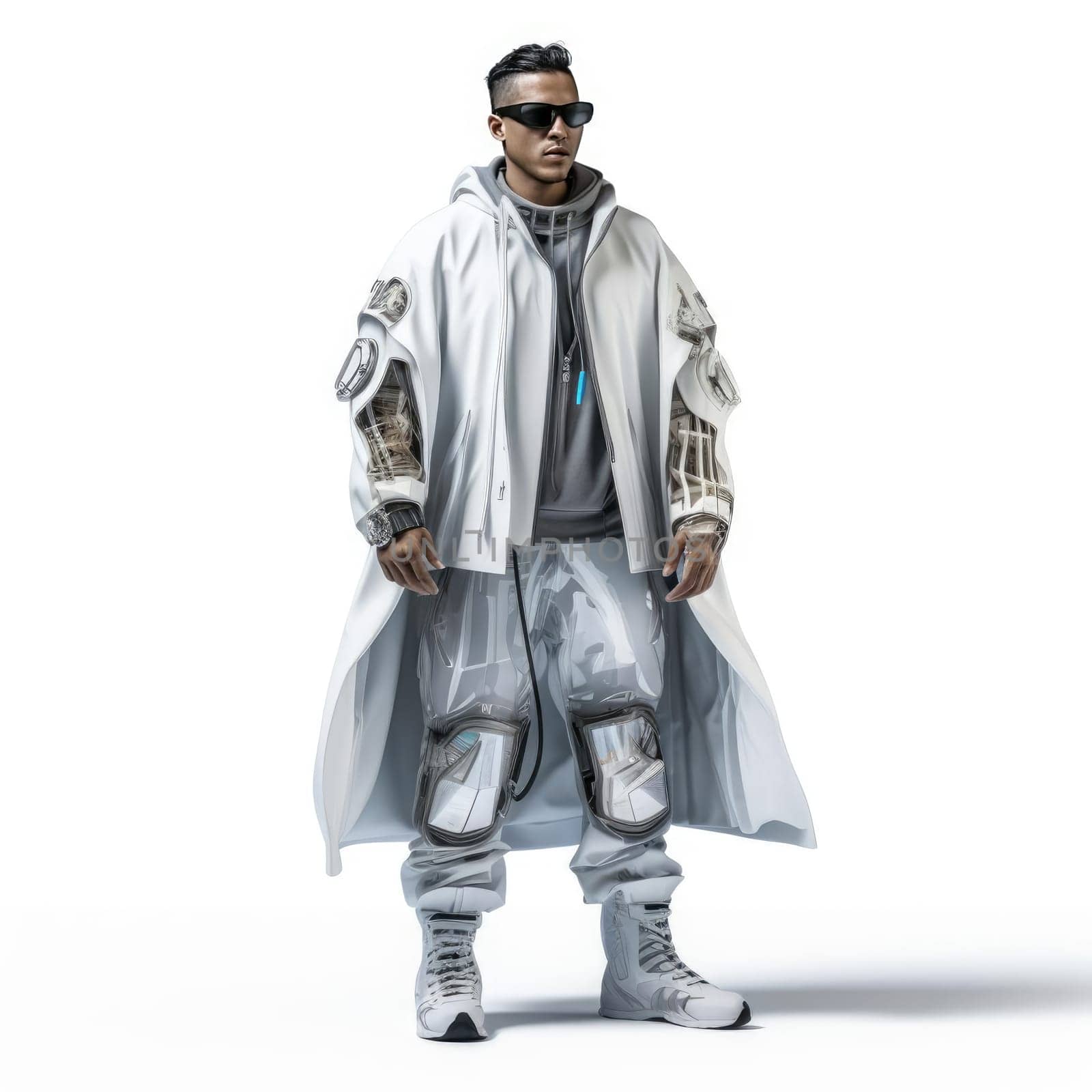 A man in the clothes of the future on a white background. Fashion