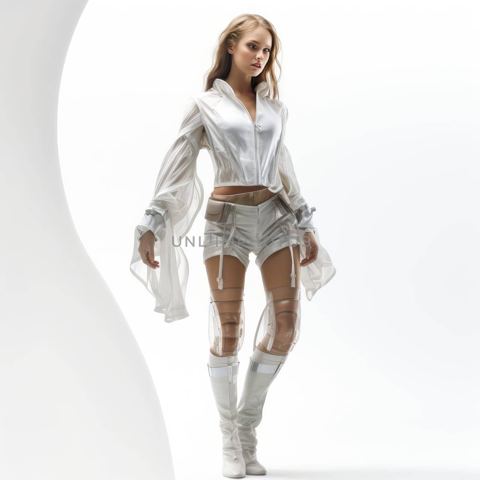 Young woman in clothes of the future on a white background. Fashion