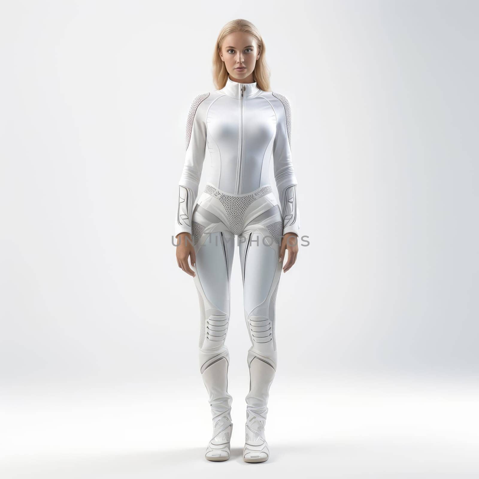 Young woman in clothes of the future on a white background. Fashion