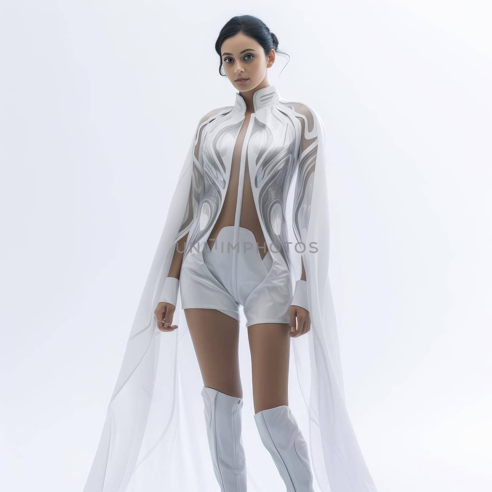 Young woman in clothes of the future on a white background. Fashion