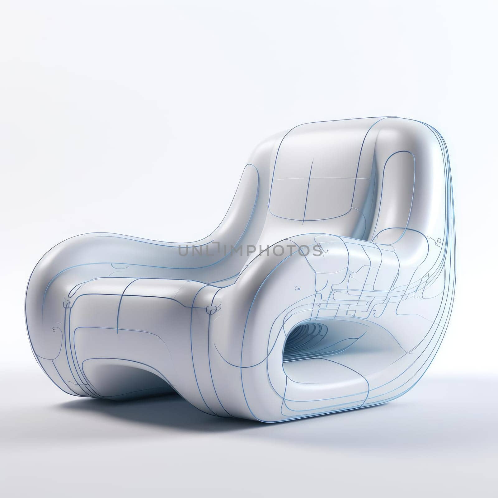 The armchair of the future, soft shapes and shine. On a white background