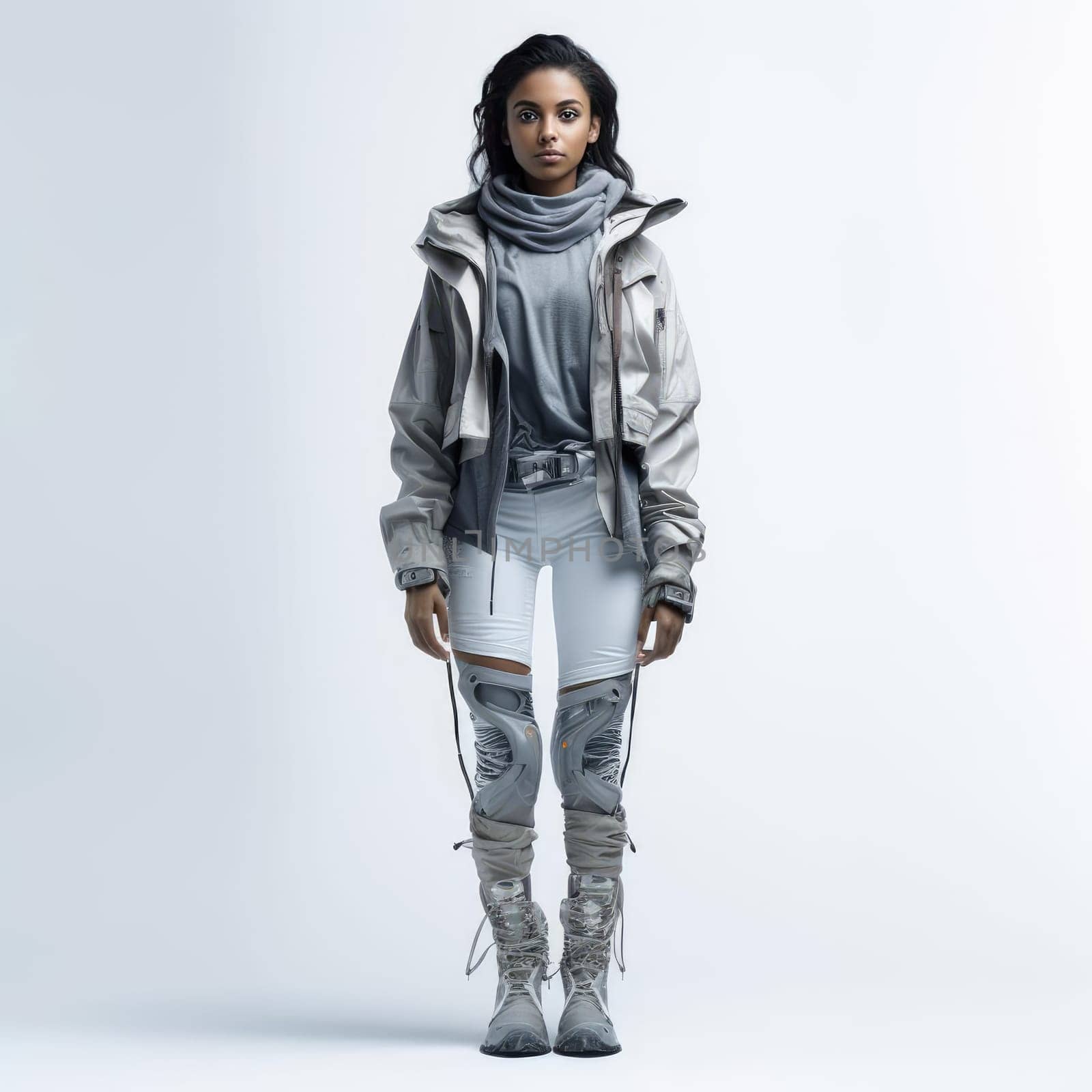 Young woman in clothes of the future on a white background. Fashion