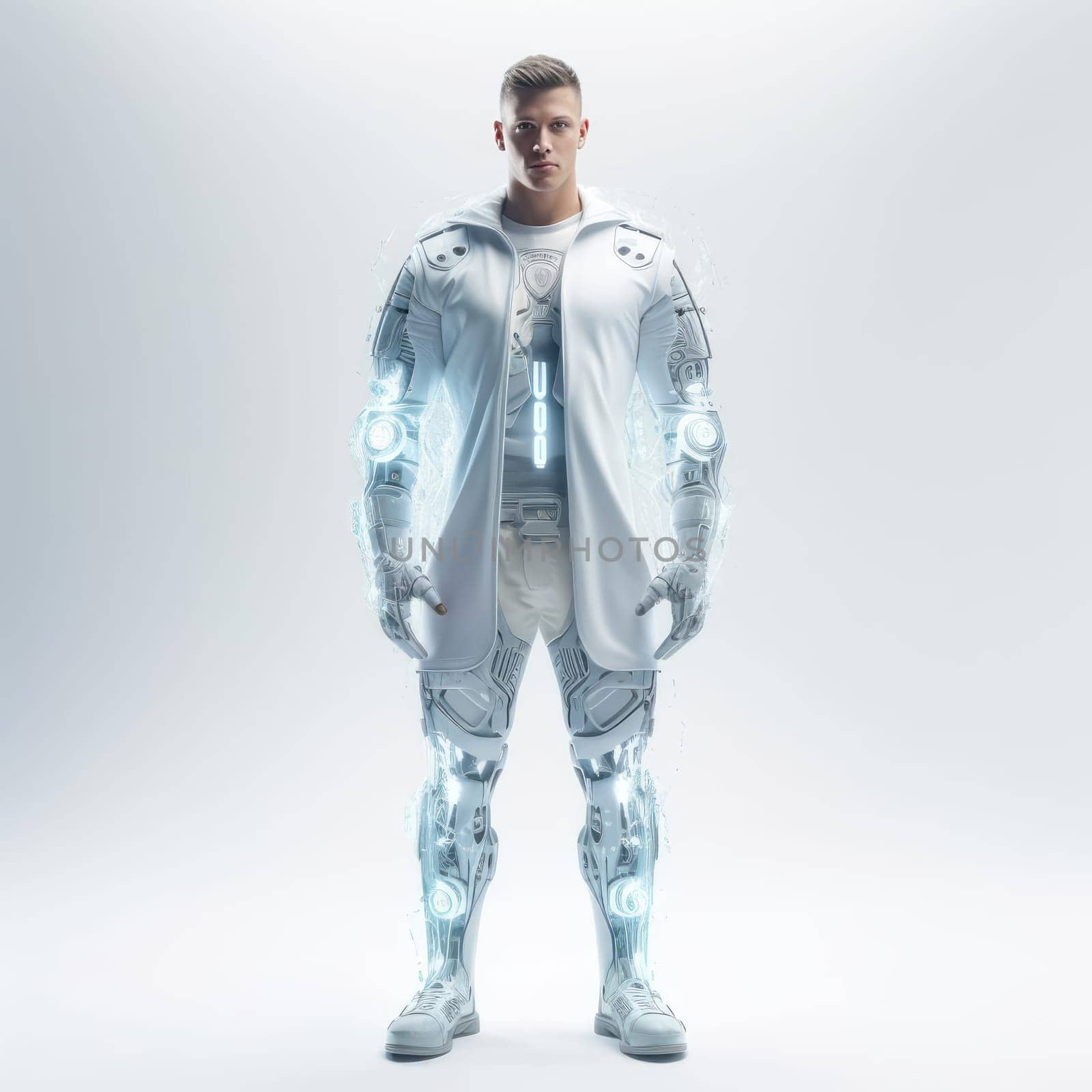 A man in the clothes of the future on a white background. Fashion