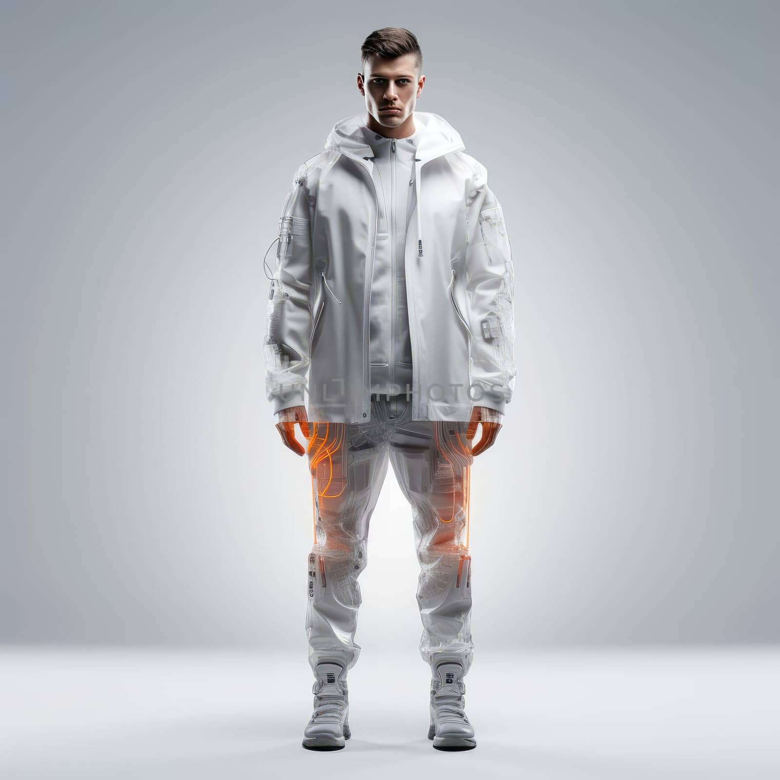 A man in the clothes of the future on a white background. Fashion