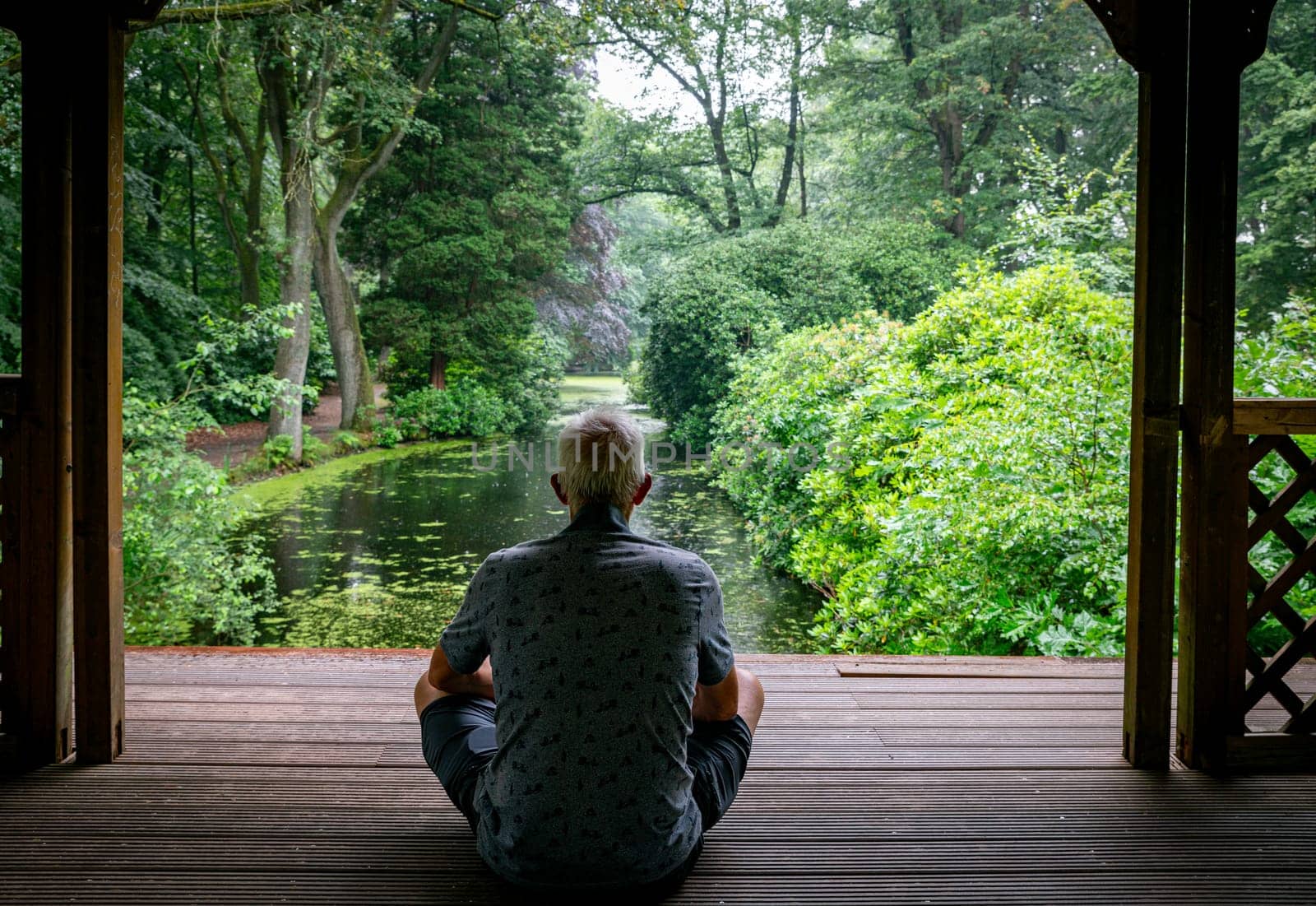 an adult white man with gray hair is thinking or meditating on a wooden decking overlooking a park with a pond and green plants and trees