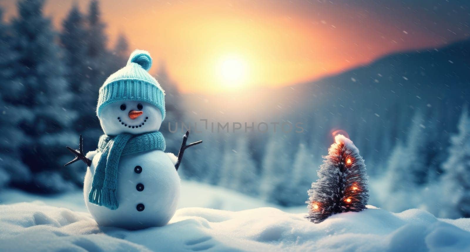 Small snowman on the background of a winter landscape