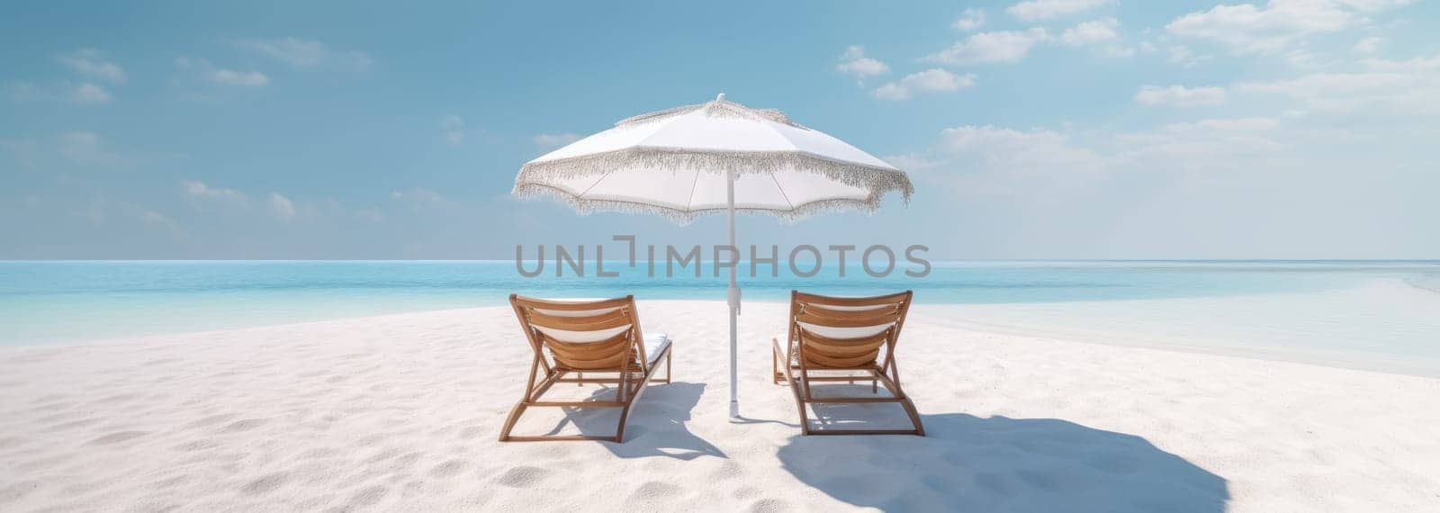 Two sun loungers under a large summer umbrella on a sandy beach by the sea