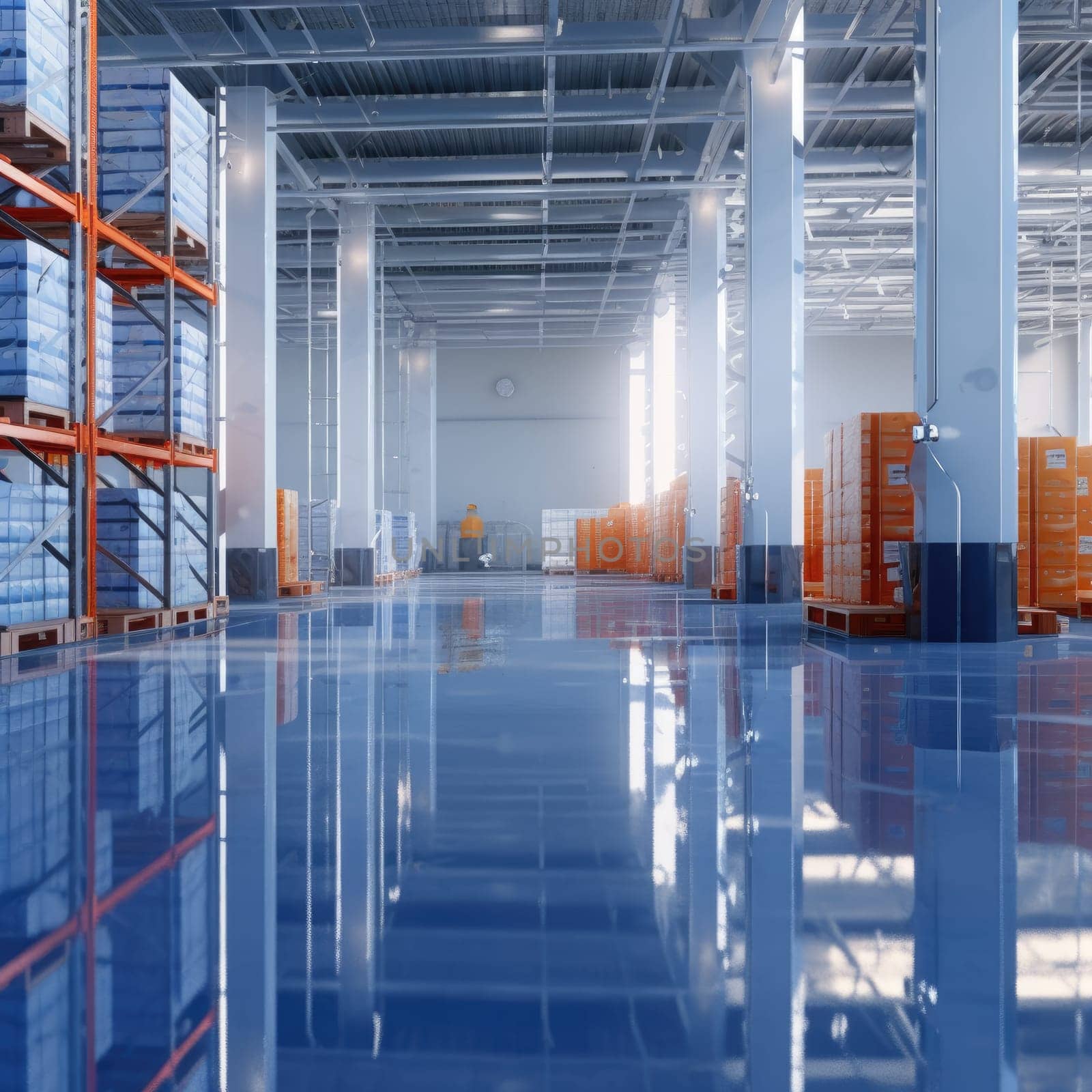 The logistics warehouse of the future. Bright large room with shelving