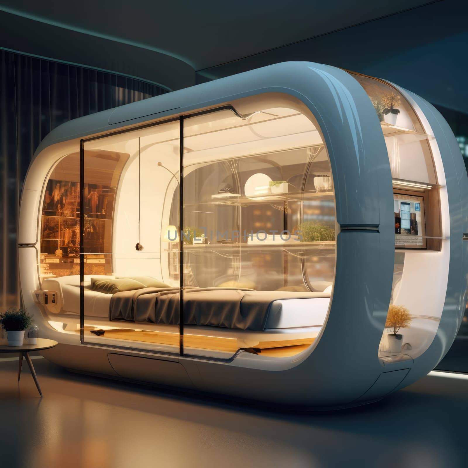 The apartment is capsule type, high technology. The architecture of the future