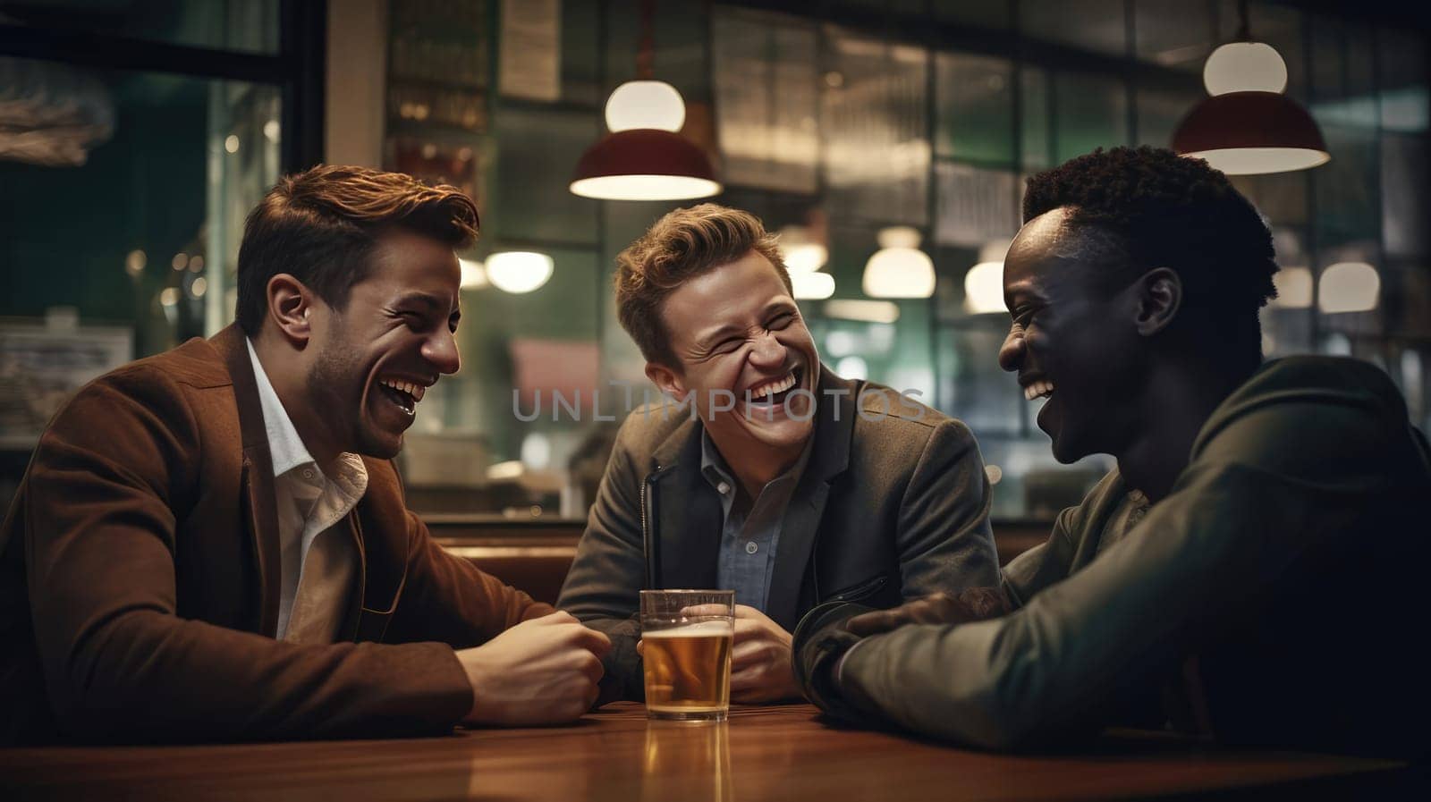 Three friends chatting in a cafe, smiling by cherezoff