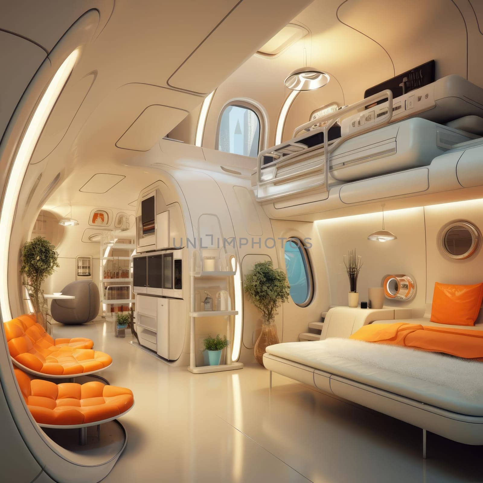 The apartment is capsule type, high technology. The architecture of the future