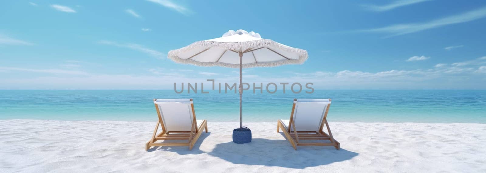 Two sun loungers under an umbrella by the sea by cherezoff