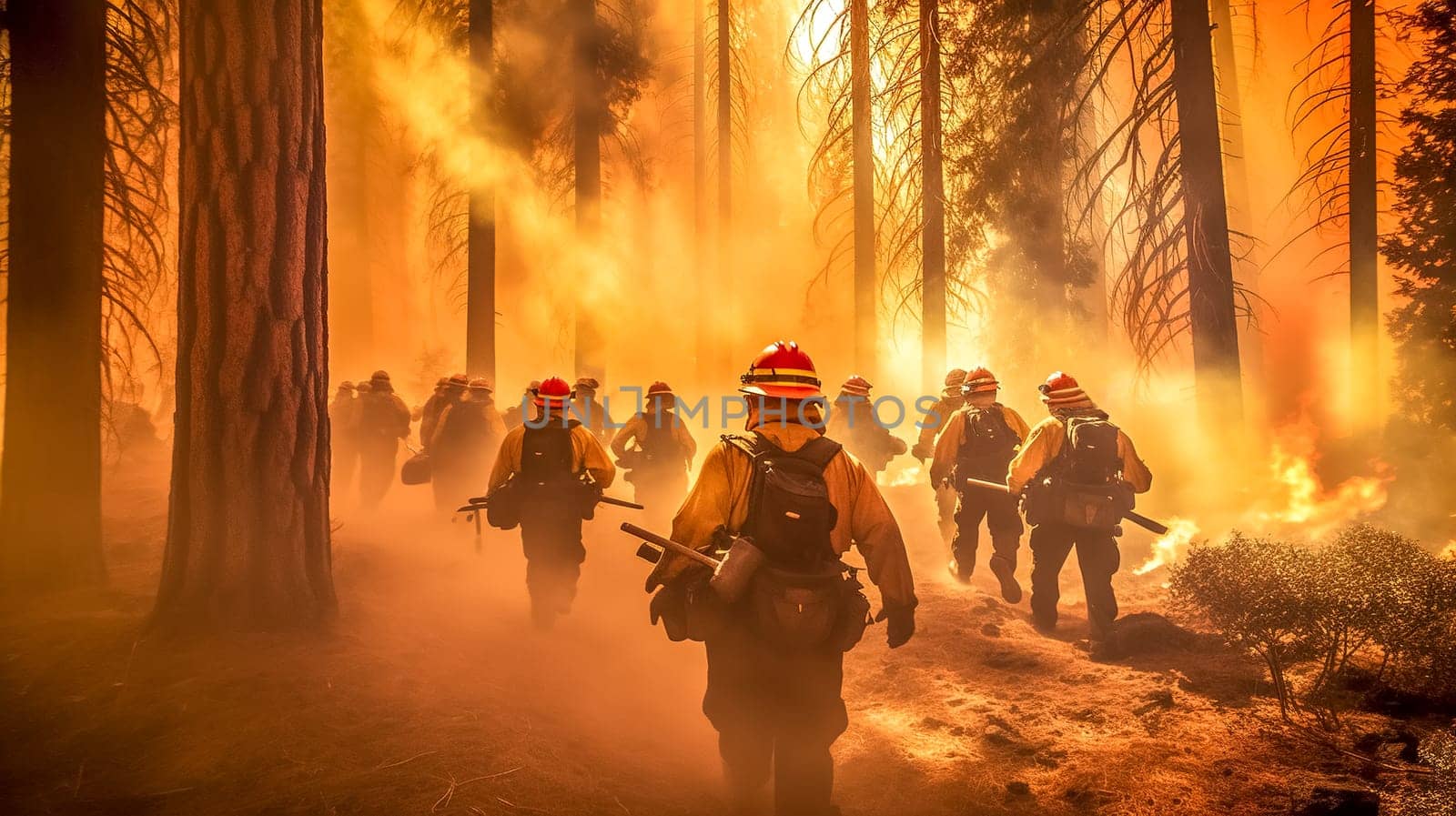 volunteer firefighters on forest fires, warming and climate change, made with Generative AI. High quality illustration
