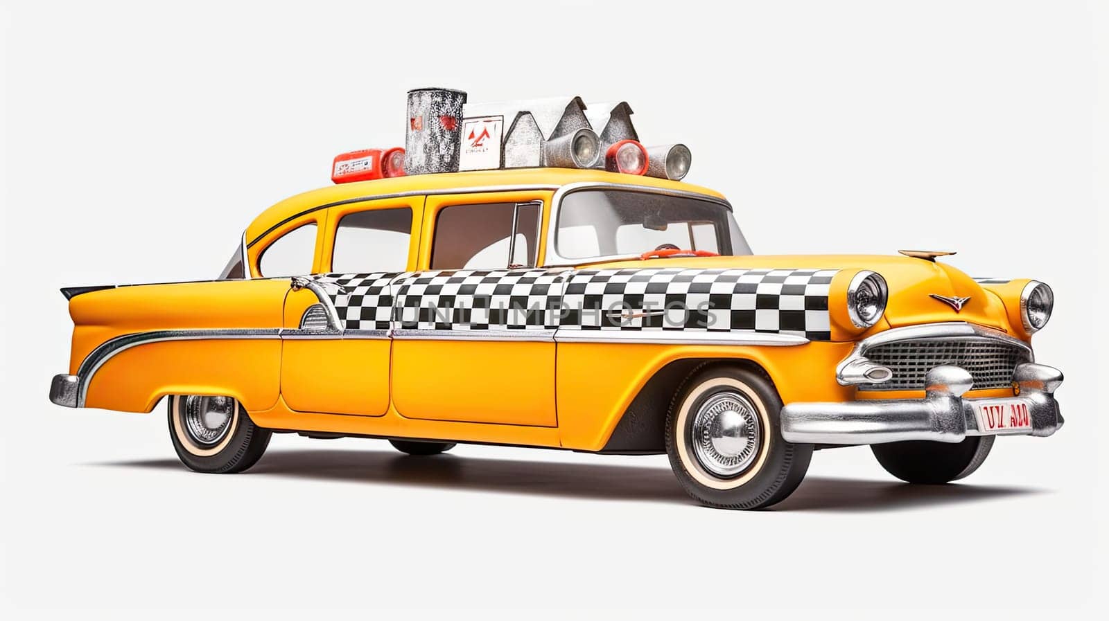 Yellow taxi cab photo realistic illustration - Generative AI. Taxi, cab, car, checker, wheel.