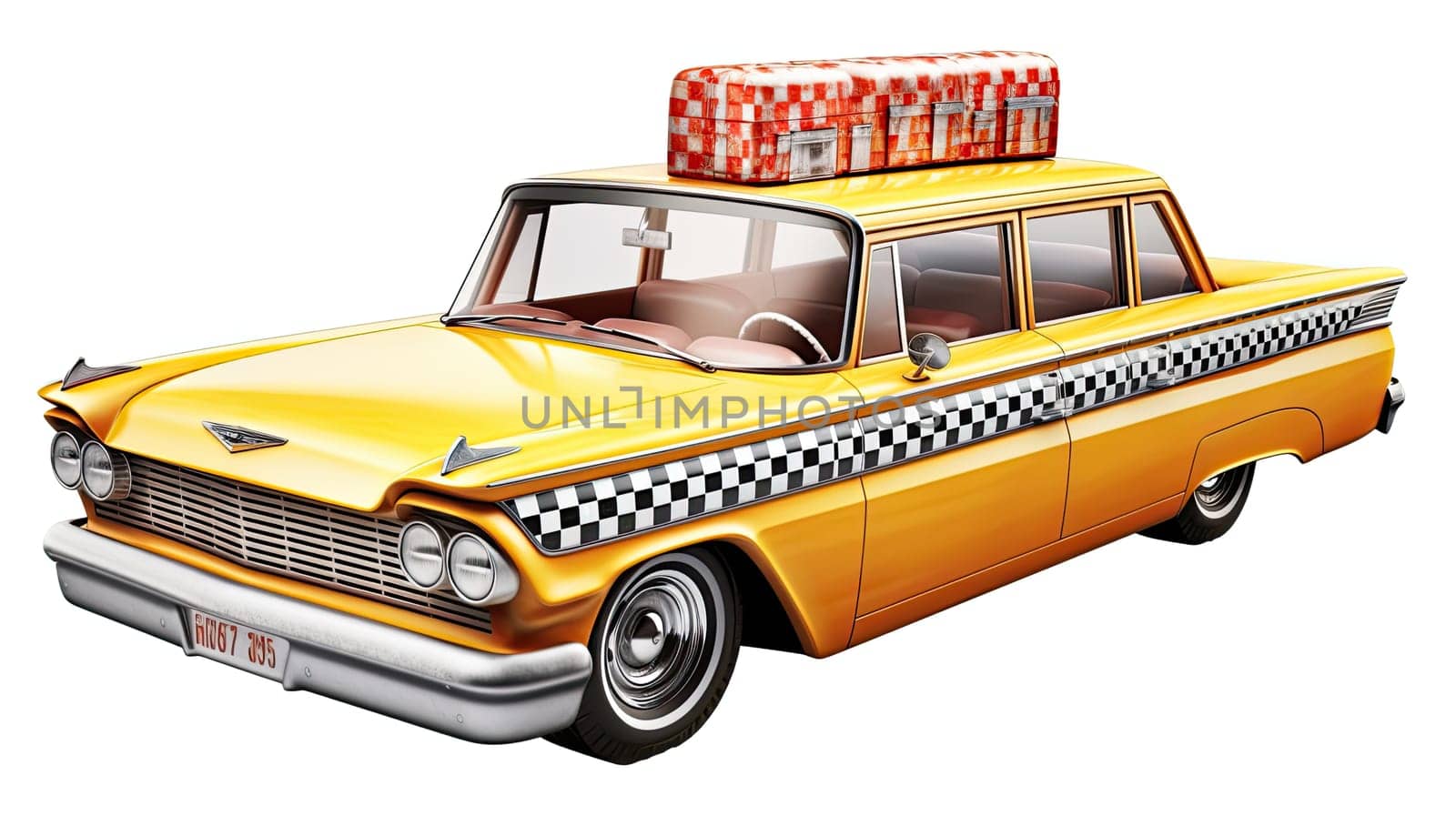 Yellow taxi cab photo realistic illustration - Generative AI. Taxi, cab, car, checker, wheel.