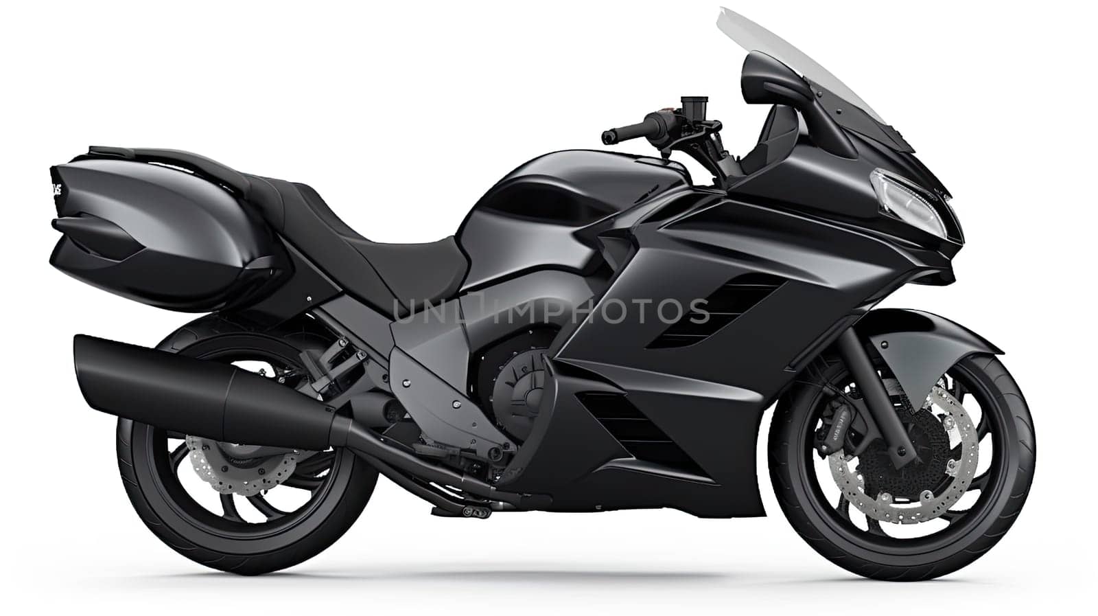 Black motorcycle photo realistic illustration - Generative AI. Motorcycle, wheel, rudder, headlight.