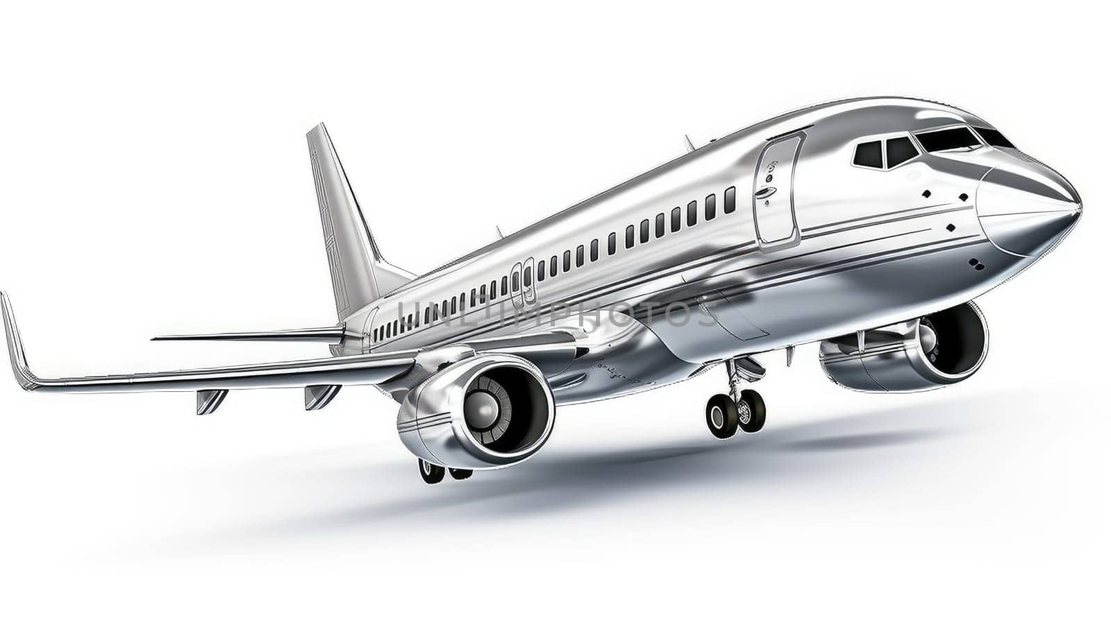 Silver private jet photo realistic illustration - Generative AI. Private, jet, airplane, chassis, turbine.