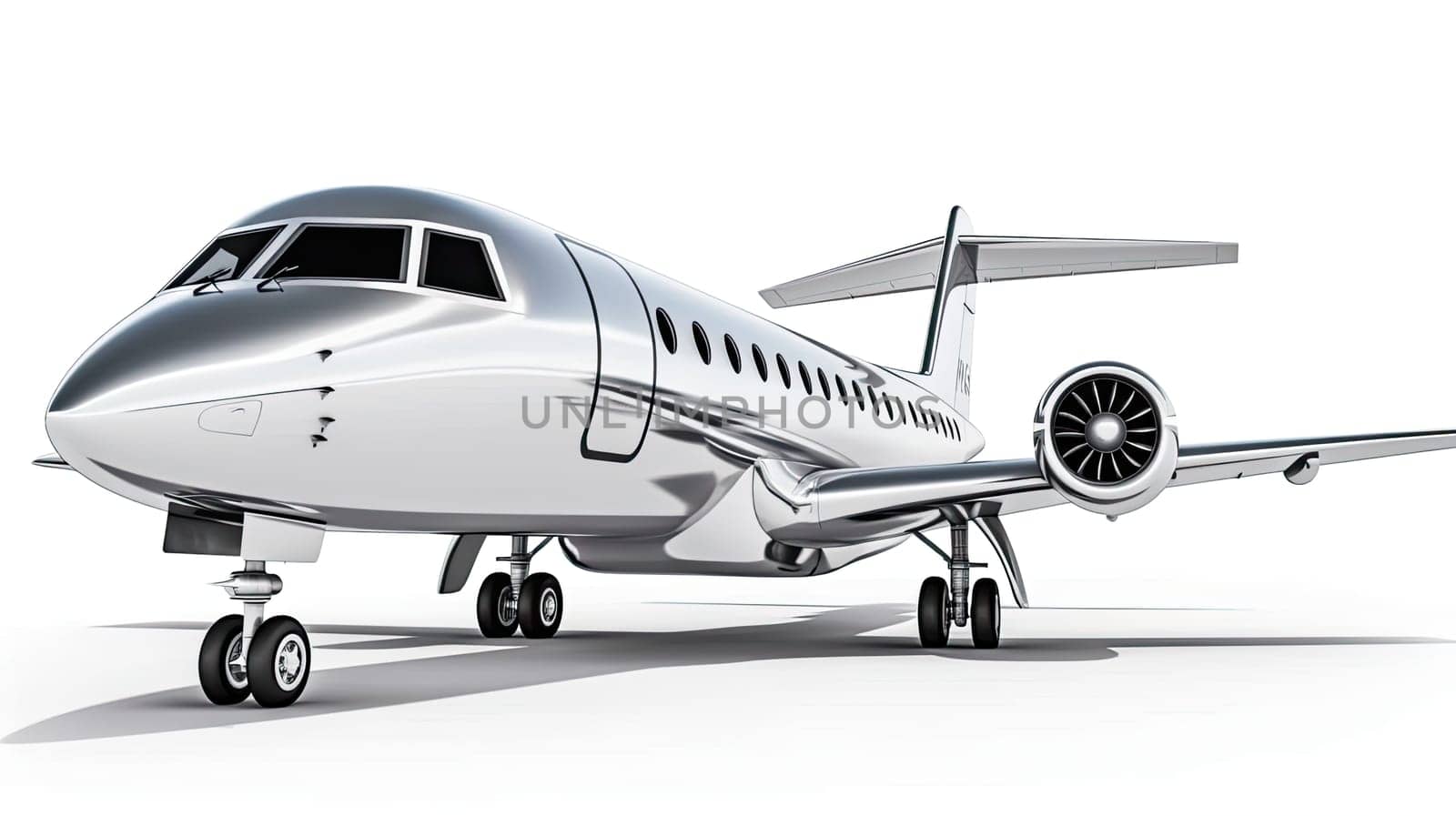 Silver private jet photo realistic illustration - Generative AI. Private, jet, airplane, chassis, turbine.