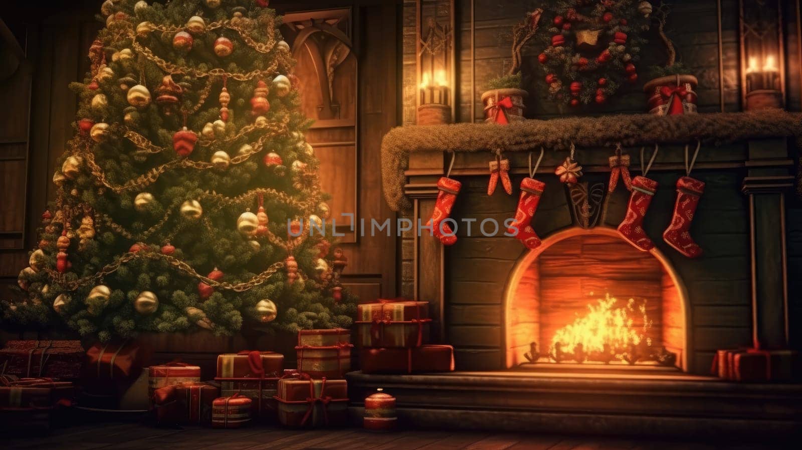 Christmas tree in a classic wooden interior at night by cherezoff