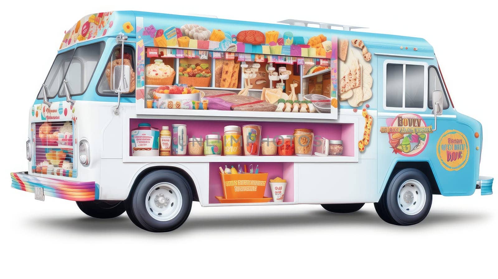 Ice-cream truck photo realistic illustration - Generative AI. Ice-cream, truck, automobile, wheel.