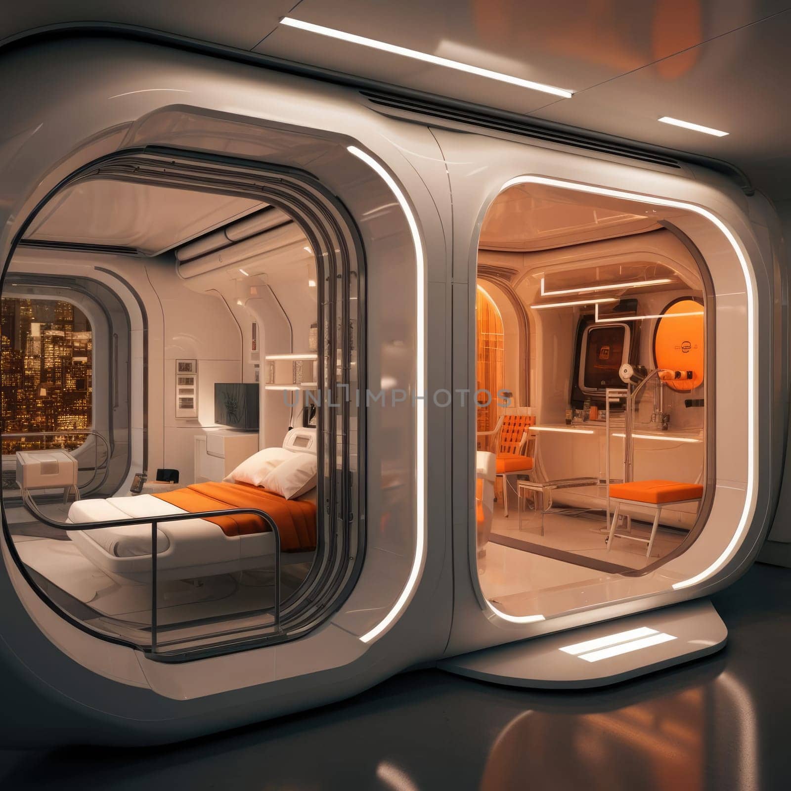 The apartment is capsule type, high technology. The architecture of the future