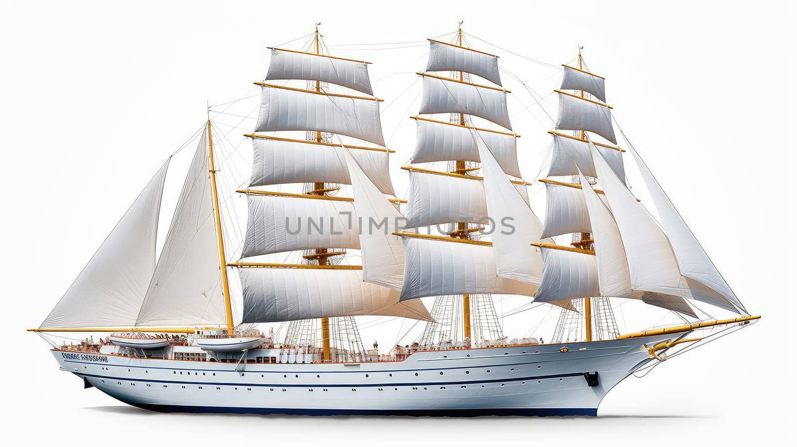 White sailboat photo realistic illustration - Generative AI. Sailboat, sail, ship, deck.