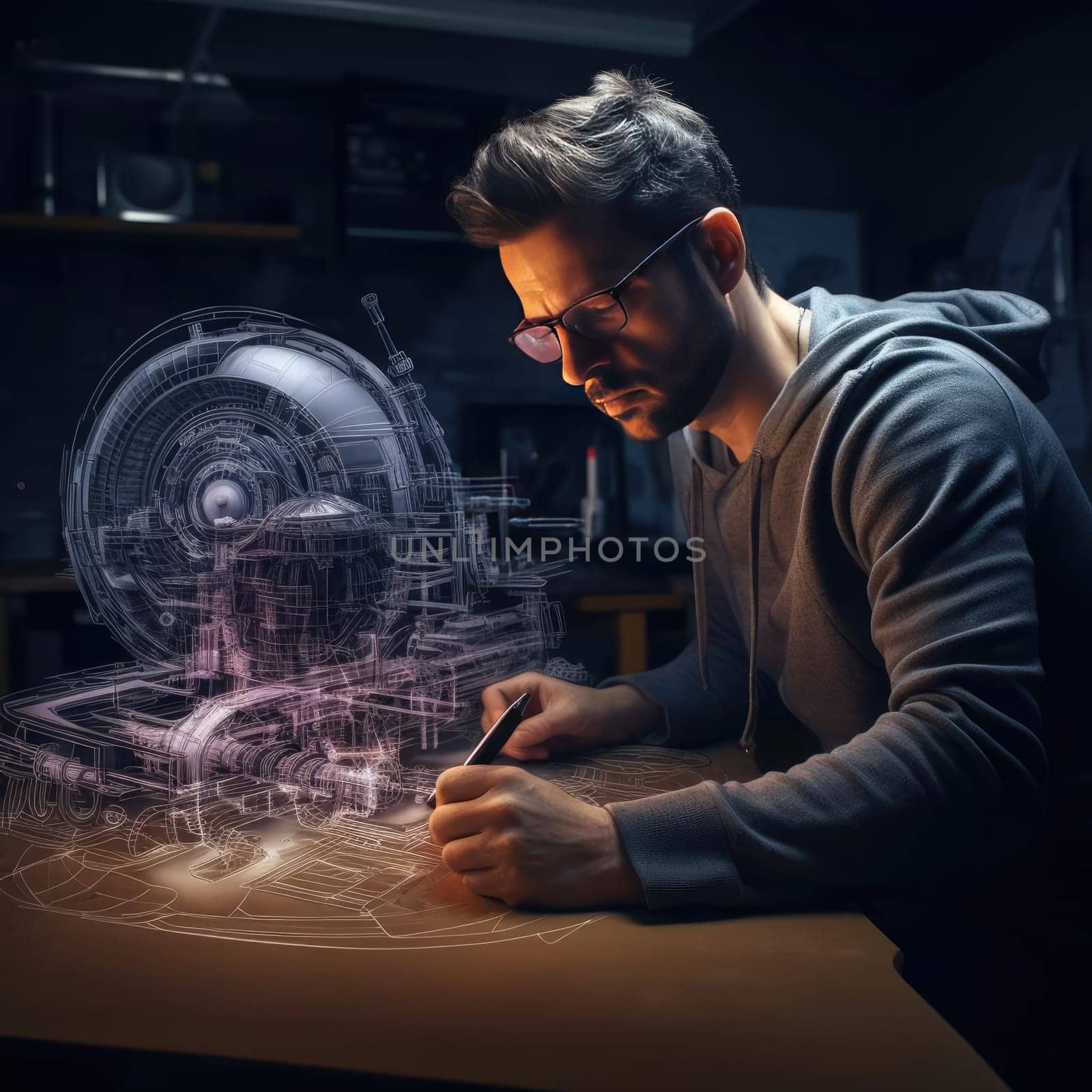 The engineer of the future draws a drawing. The concept of new developments