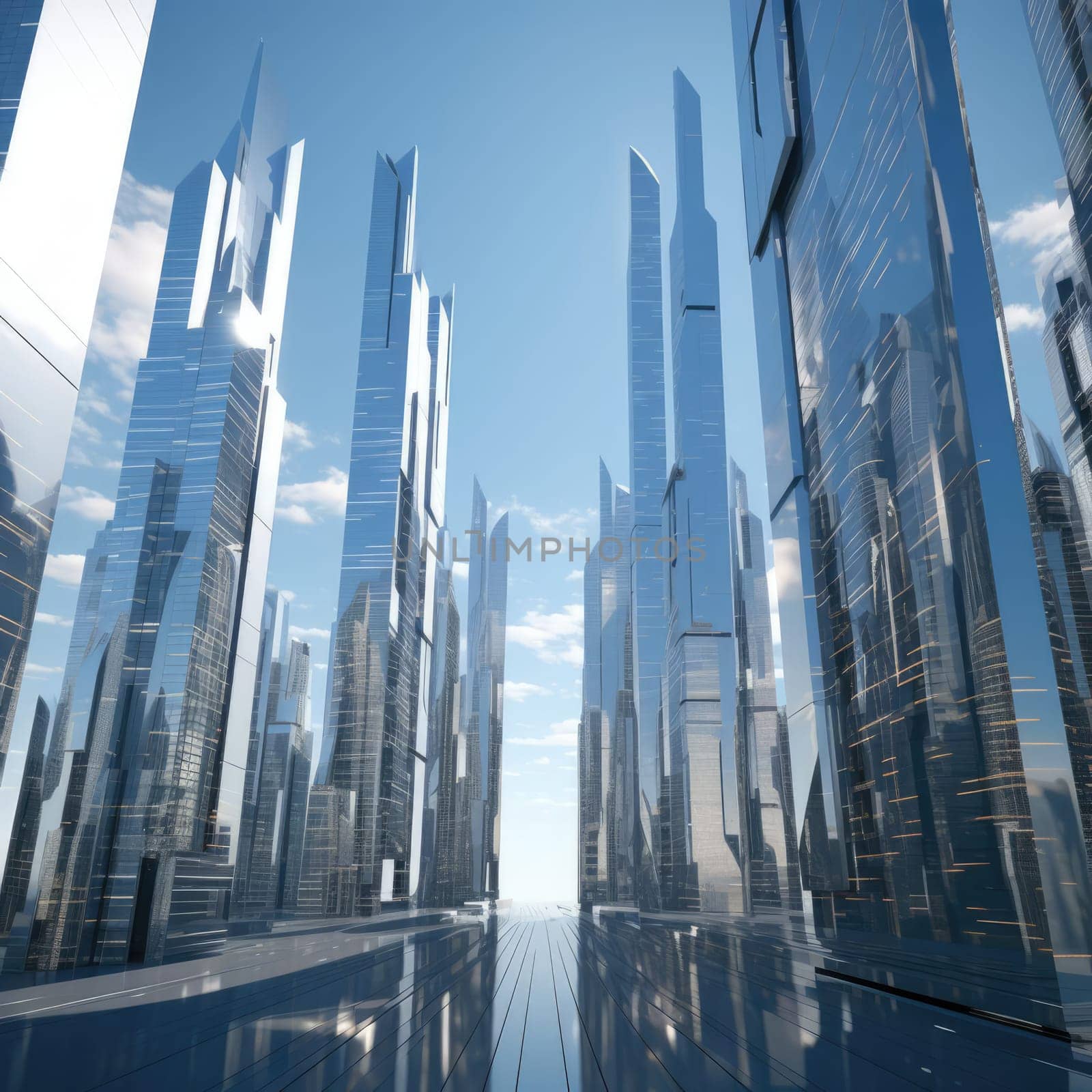 A group of skyscrapers of the future. Sunny day. The business concept of the future