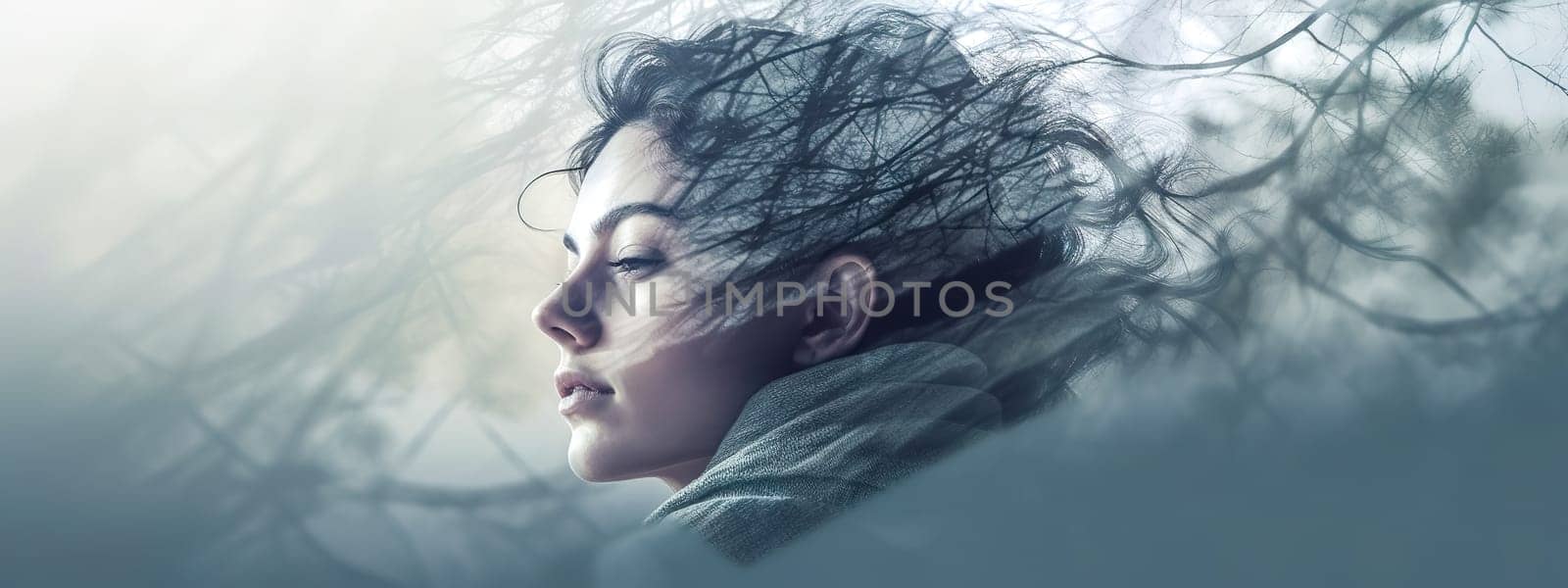 two exposures, harmony of people and nature, finding oneself, portrait of a woman, banner with copy space made with Generative AI. High quality illustration