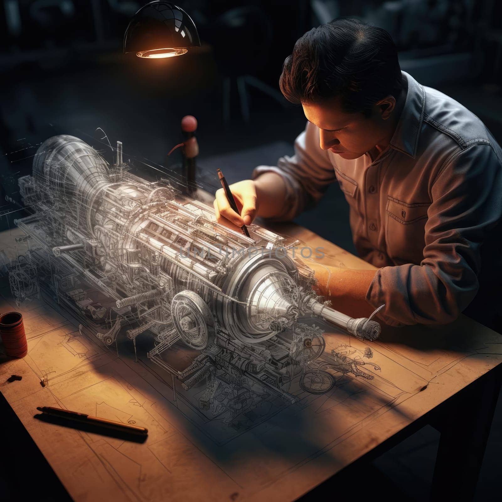 The engineer of the future draws a drawing. The concept of new developments