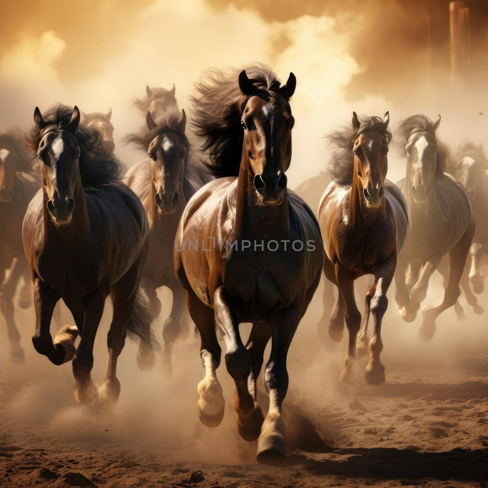 A herd of galloping horses. Dust from under the hooves