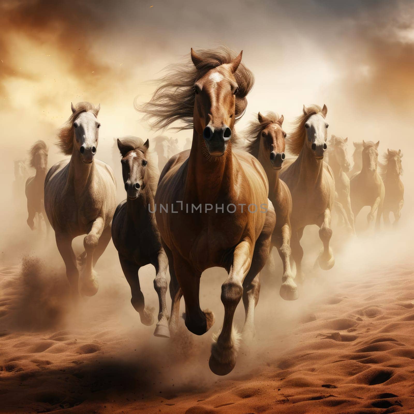 A herd of galloping horses. Dust from under the hooves