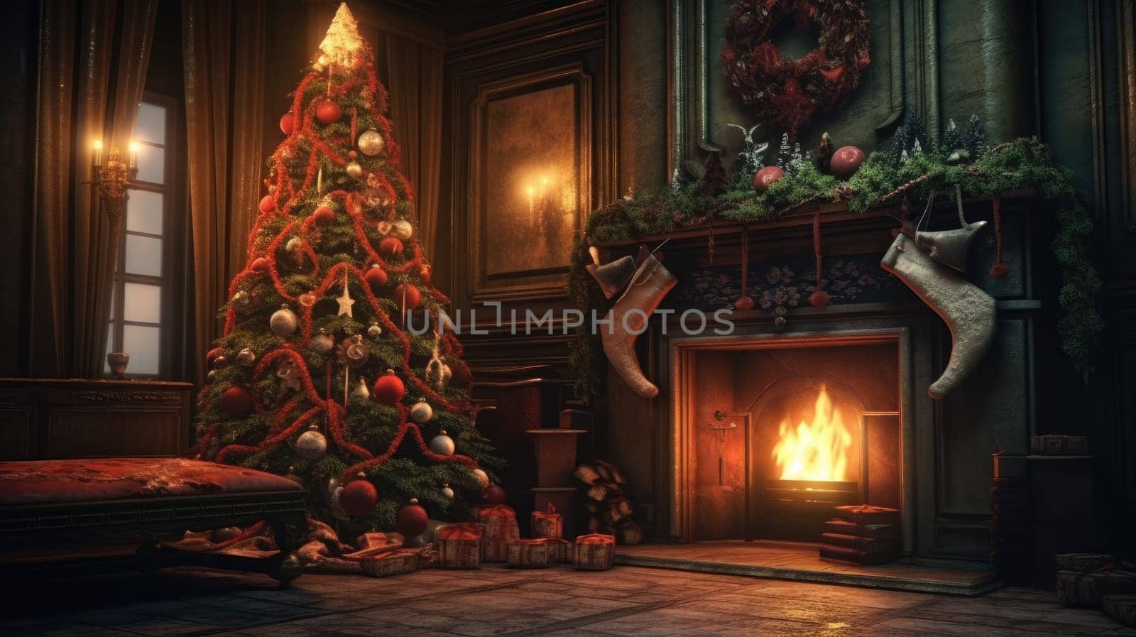 Decorated Christmas tree in a classic wooden interior. Evening or night