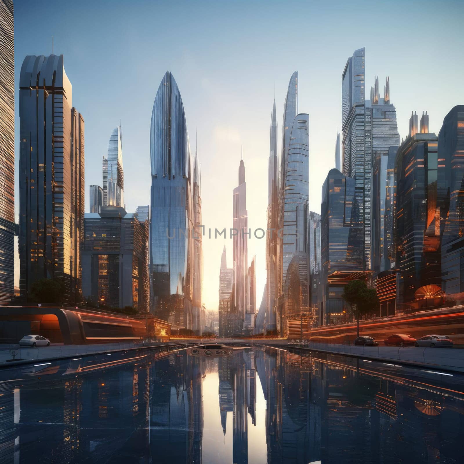 A group of skyscrapers of the future. Sunny day. The business concept of the future