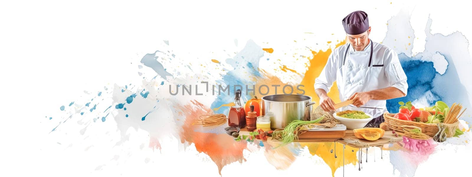 the chef is preparing a dish in the kitchen, banner with copy space on white background made with Generative AI. High quality illustration