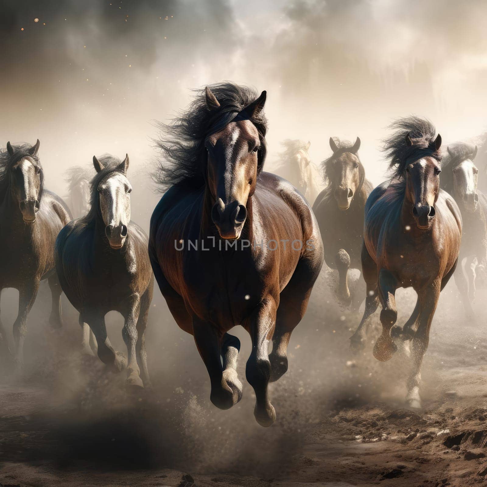 A herd of galloping horses. Dust from under the hooves