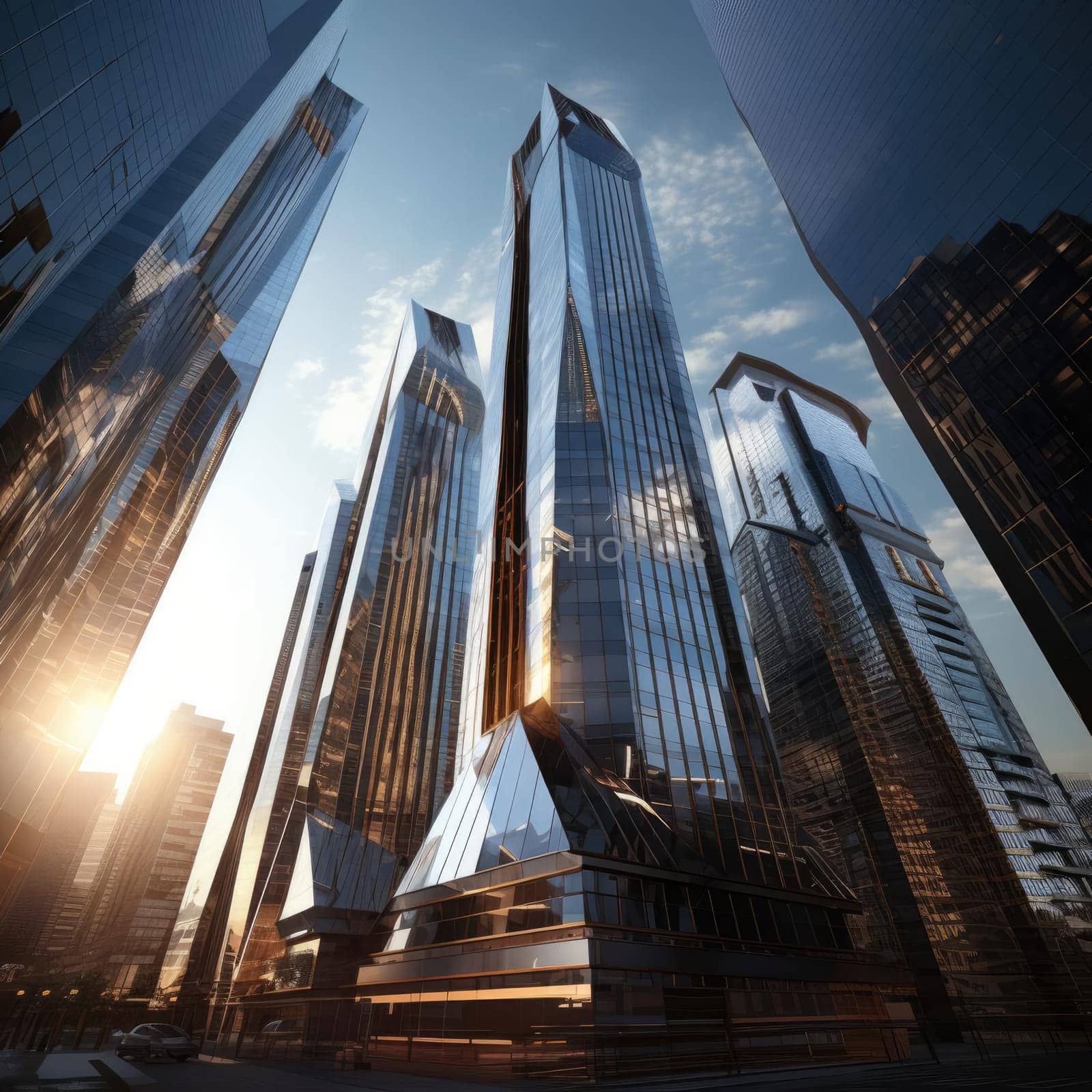 A group of skyscrapers of the future. Sunny day. The business concept of the future