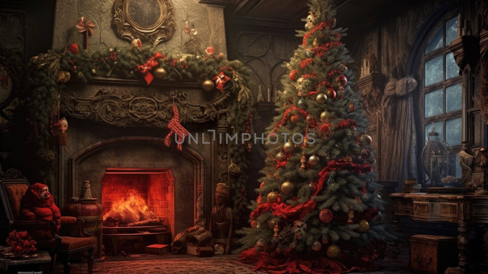 Decorated Christmas tree in a classic wooden interior. Evening or night