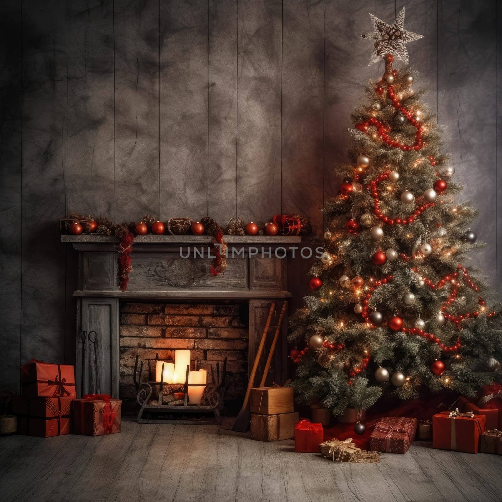 Christmas tree in a classic wooden interior at night by cherezoff