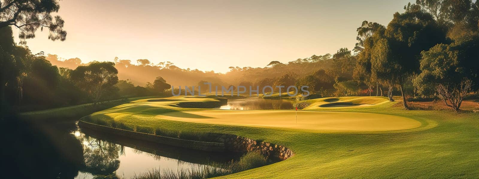 sunset on golf course in nature with a lake, banner made with Generative AI by Edophoto