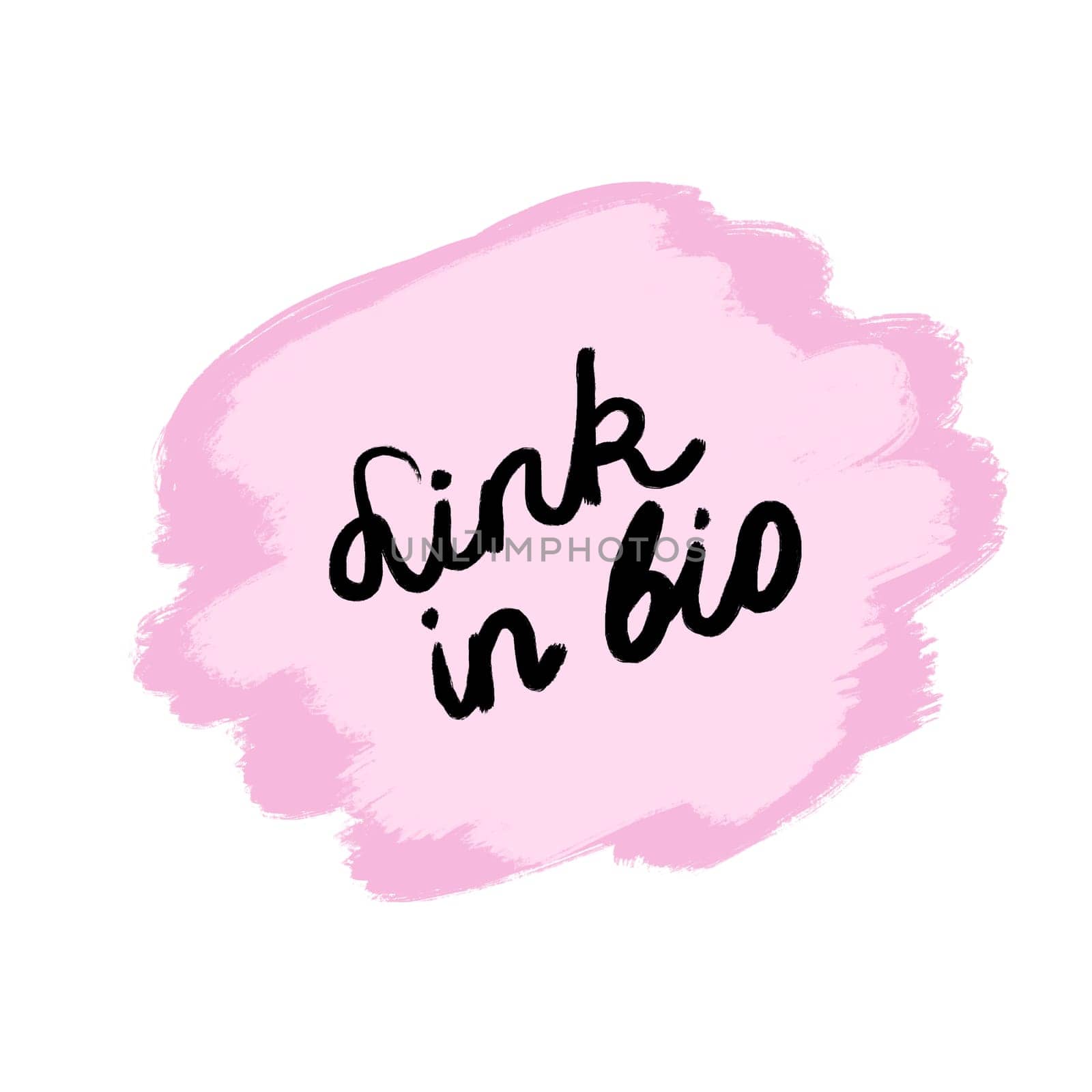 Hand drawn illustration of link in bio pink shape sticker. Words in black written on pastel round blob, internet marketing sign reference, click here button icon, graphic digital outline design