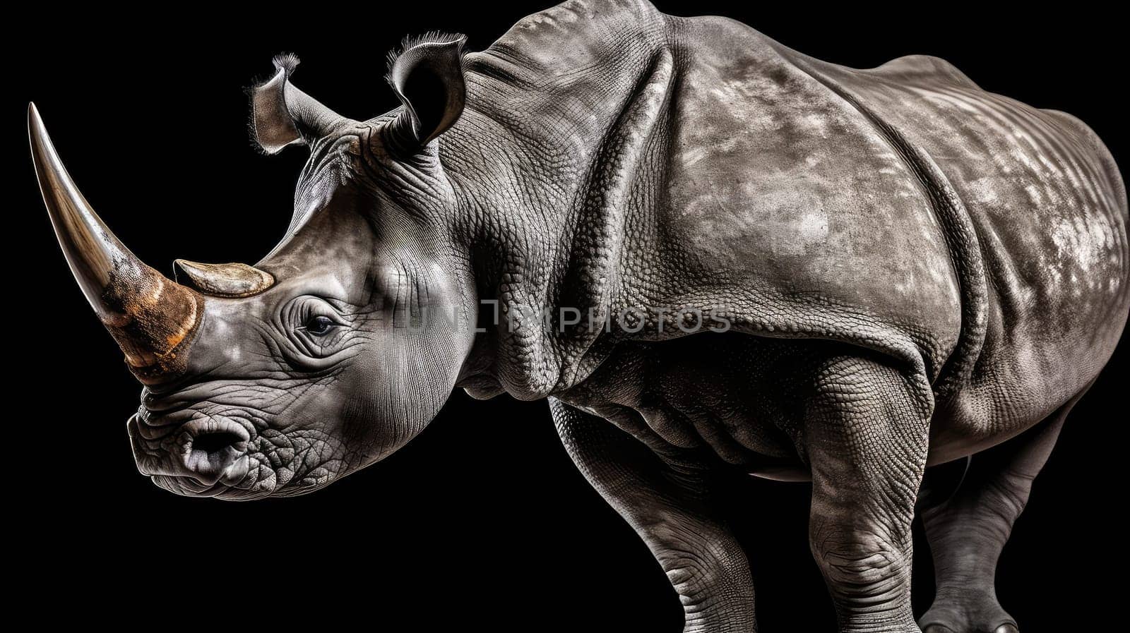 Majestic rhinocerus photo realistic illustration - Generative AI. Animal, rhinocerus, horn, big.