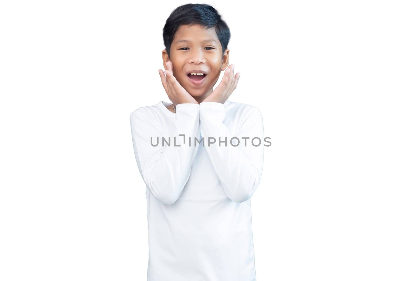 Portrait of a boy in transparent white long-sleeved shirt showing happiness on a white background. by Unimages2527